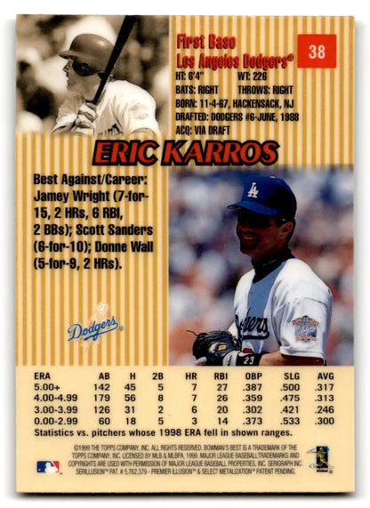 1999 Bowman Baseball’s Best Eric Karros #38 Los Angeles Dodgers baseball card with stats and photo