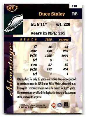 Duce Staley football card from 1999 Collector’s Edge Advantage trading cards collection