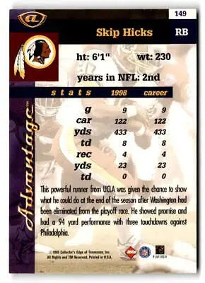 Skip Hicks football card from 1999 Collector’s Edge Advantage trading cards collection