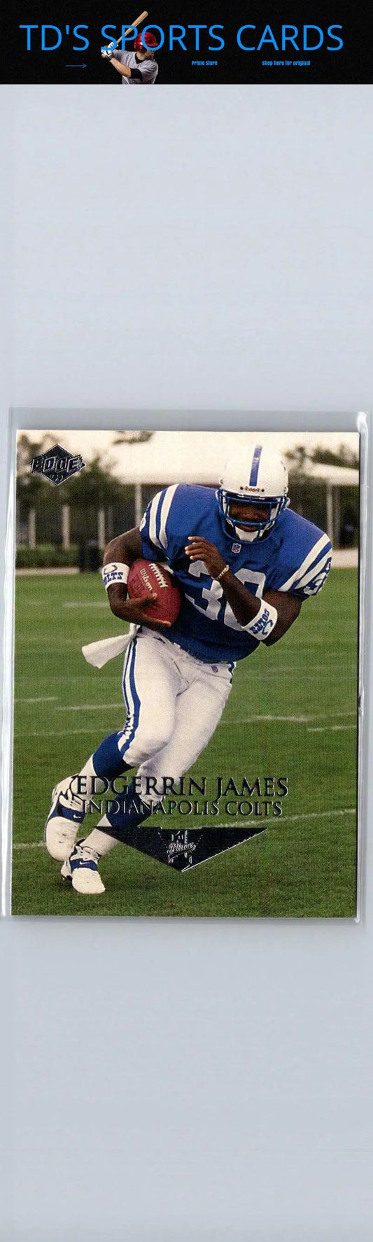 Football trading card featuring Edgerrin James of the Indianapolis Colts in 1999 Collector’s Edge First Place