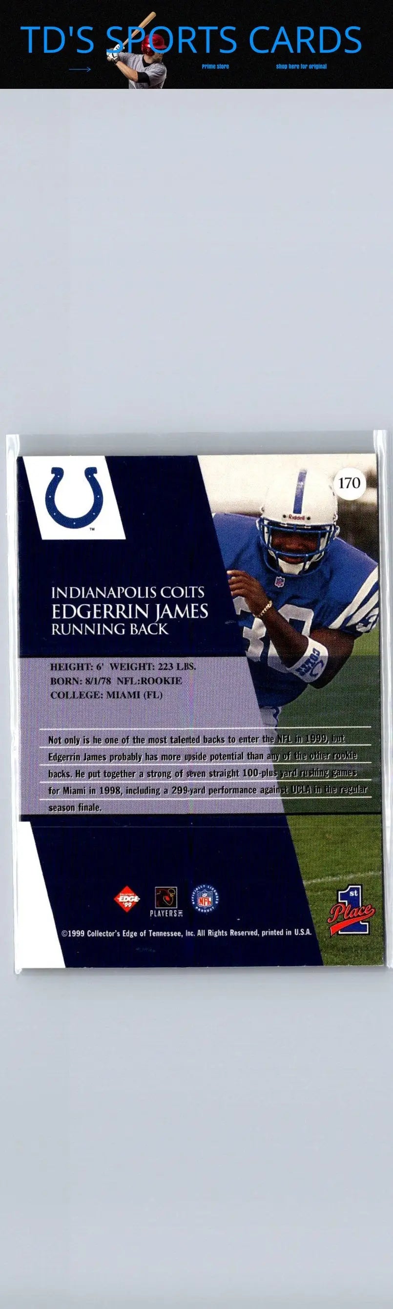 Sports trading card featuring Edgerrin James of the Indianapolis Colts from 1999 Collector’s Edge First Place