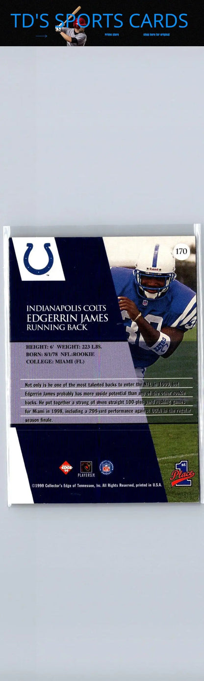 Sports trading card featuring Edgerrin James of the Indianapolis Colts from 1999 Collector’s Edge First Place