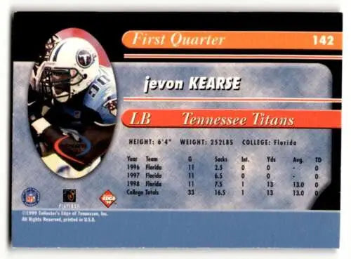 Jevon Kearse football card featuring original gloss from 1999 Collector’s Edge Odyssey Blue Tennessee Titans