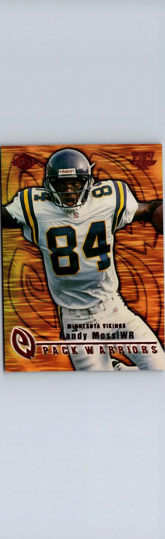 Randy Moss trading card PW11 Randy Moss Pack Warriors with orange background and abstract patterns