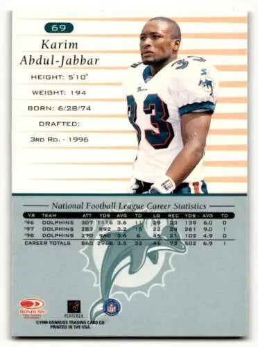 1999 Donruss #69 Karim Abdul-Jabbar Miami Dolphins Football Card with original gloss