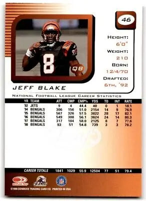 Jeff Blake football card from 1999 Donruss Leaf Rookies & Stars with text-align center design