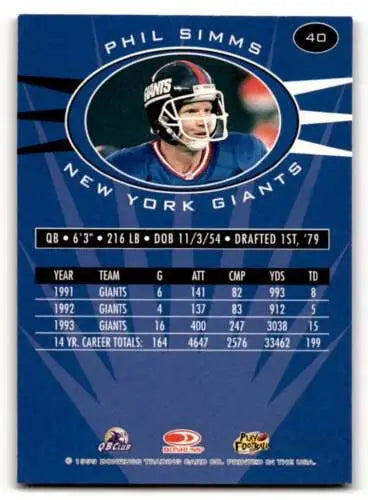 Phil Simms 1999 Donruss Preferred QBC card with original gloss New York Giants Football