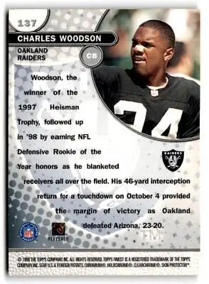 1999 Finest #137 Charles Woodson trading card for football collectors and enthusiasts