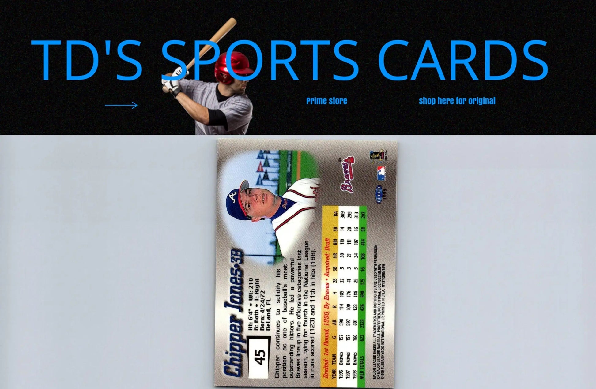 Chipper Jones 1999 Fleer Mystique #45 trading card showcasing a classic collectible design
