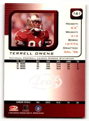 Terrell Owens football card from 1999 Leaf Rookies in EX/NM condition, 49ers edition