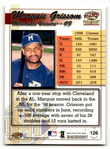 1999 Pacific Paramount Holo-Gold #126 Marquis Grissom NM-MT 103/199 Bre ID:60617 - Trading Cards