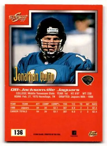 Original gloss 1999 Score #136 Jonathan Quinn Jacksonville Jaguars football card