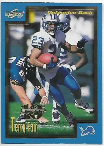 Original gloss 1999 Score Showcase Terry Fair football card from Lions, cards typically sell