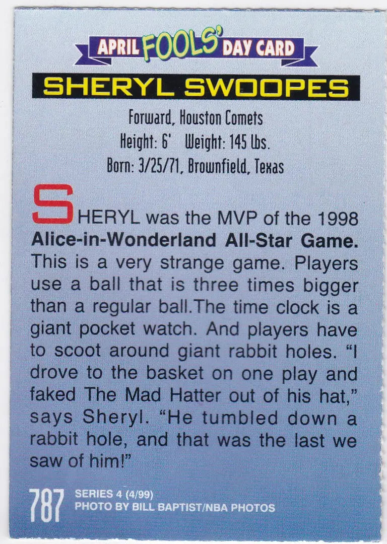 Sheryl Swoopes Houston April Fool’s Day card from Sports Illustrated for Kids 1999