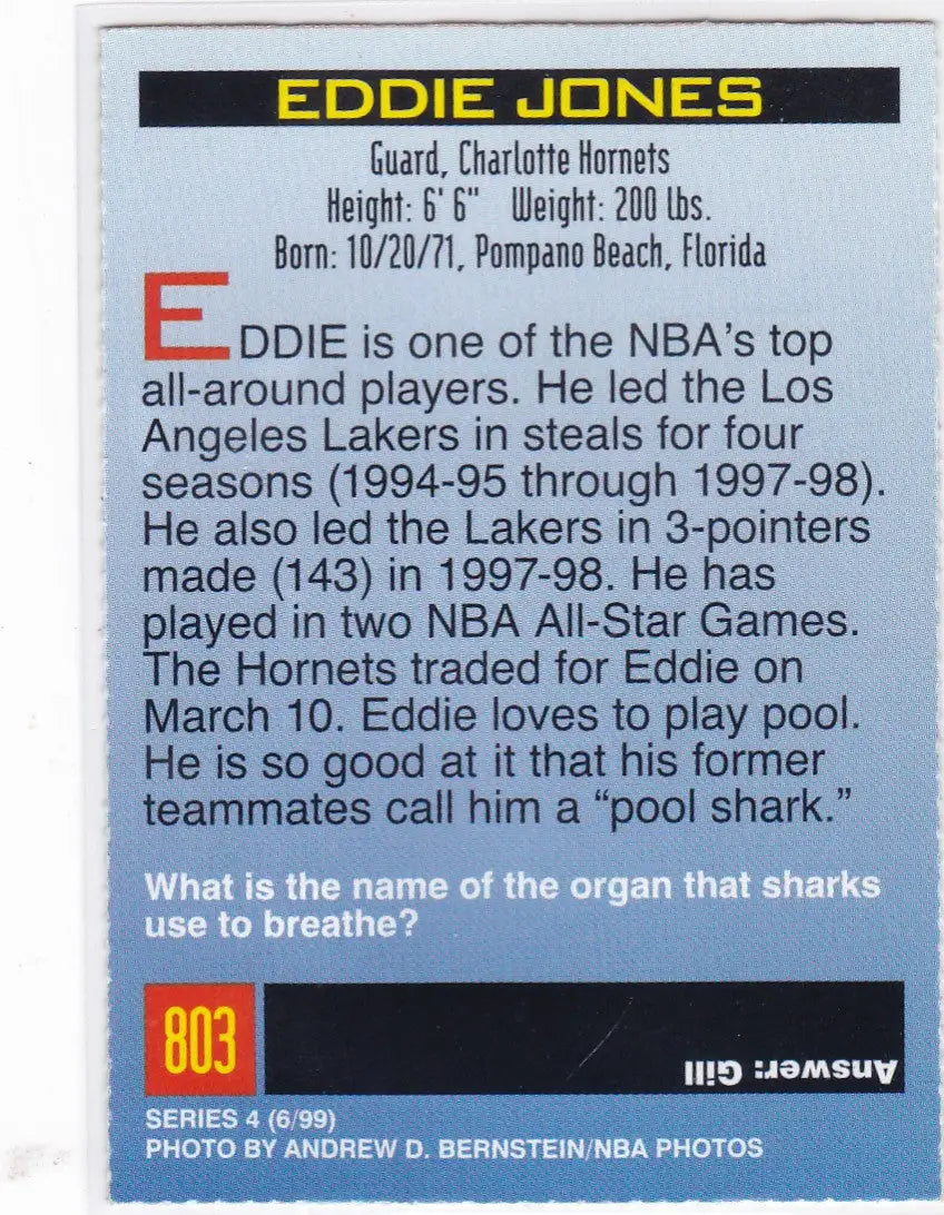 Eddie Jones Charlotte basketball card from Sports Illustrated for Kids 1999