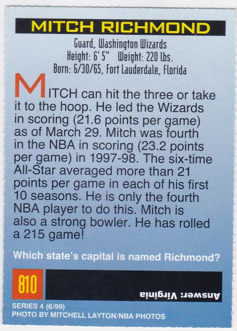 Mitch Richmond basketball card from 1999 Sports Illustrated for Kids Washington Wizards