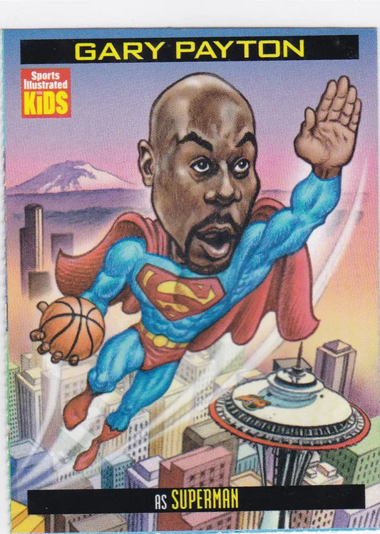 Gary Payton as Superman caricature from 1999 Sports Illustrated for Kids
