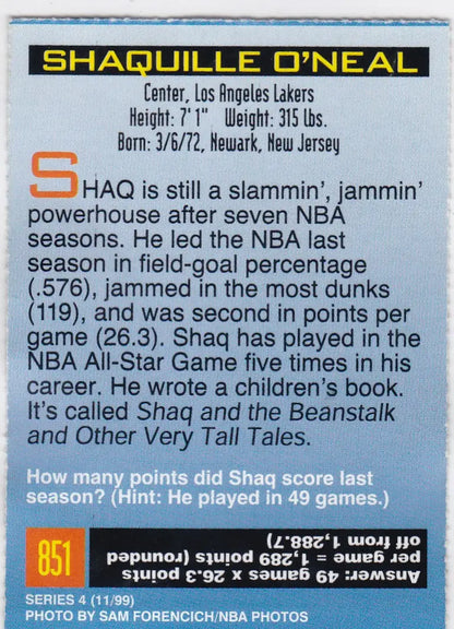 Basketball card of Shaquille ONeal from 1999 Sports Illustrated for Kids Los Angeles Lakers
