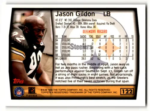 1999 Topps #122 Jason Gildon football card with original gloss, Near Mint Steelers condition
