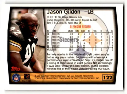 1999 Topps #122 Jason Gildon football card with original gloss, Near Mint Steelers condition