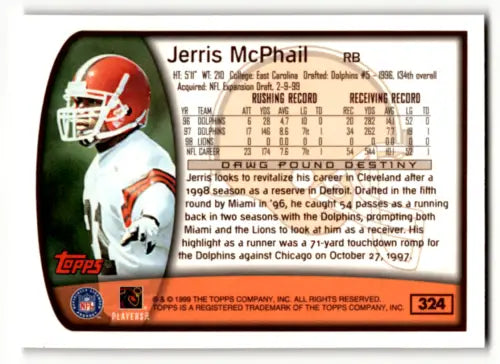 1999 Topps #324 Jerris McPhail football trading card with original gloss, Near Mint condition