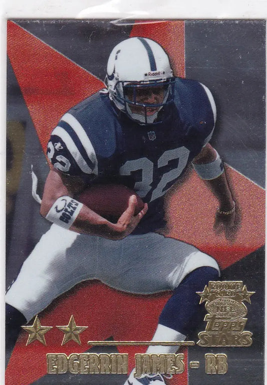 Football player in blue and white uniform running with football, featured in trading cards