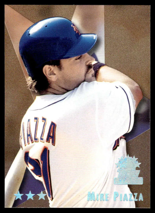 Mike Piazza in white jersey and blue cap for New York Mets baseball card