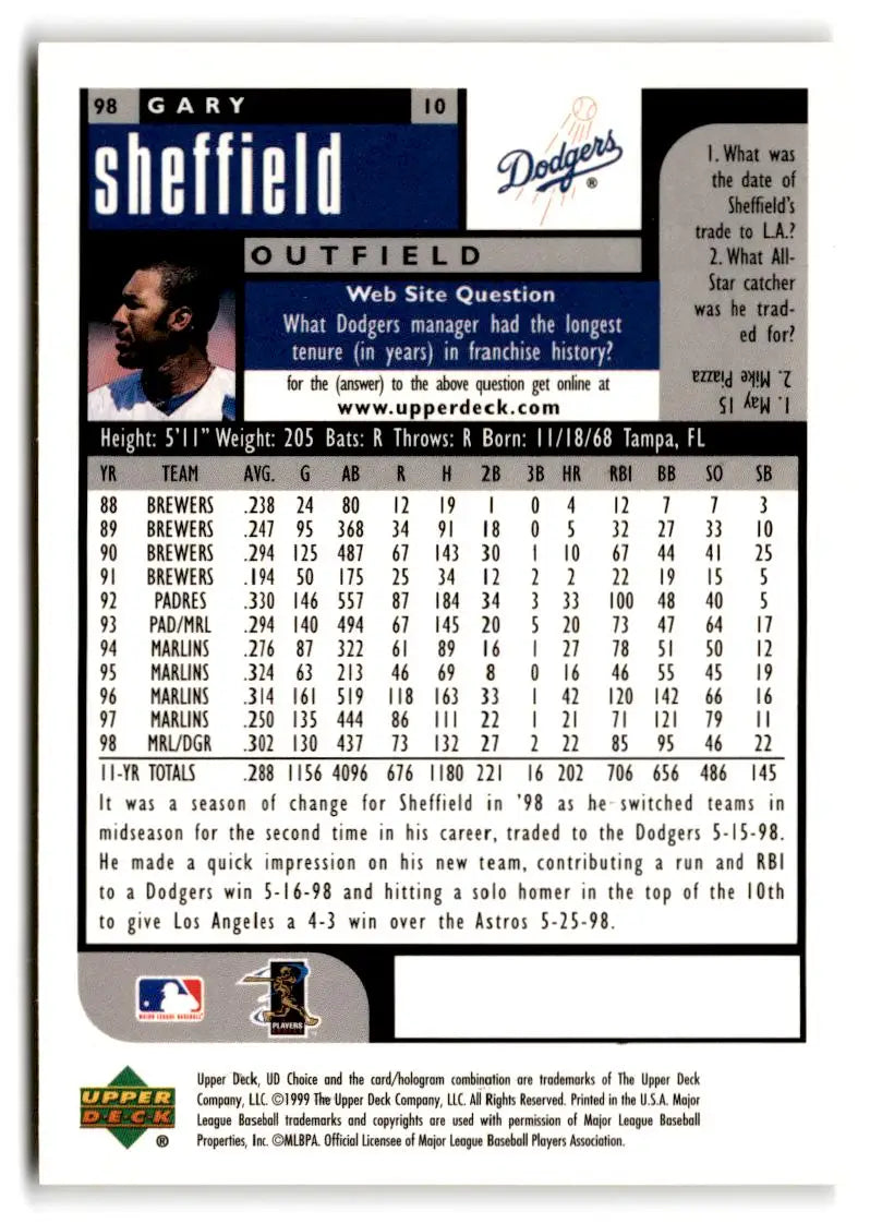 Gary Sheffield 1999 UD Choice Preview #98 baseball card for baseball trading cards collection