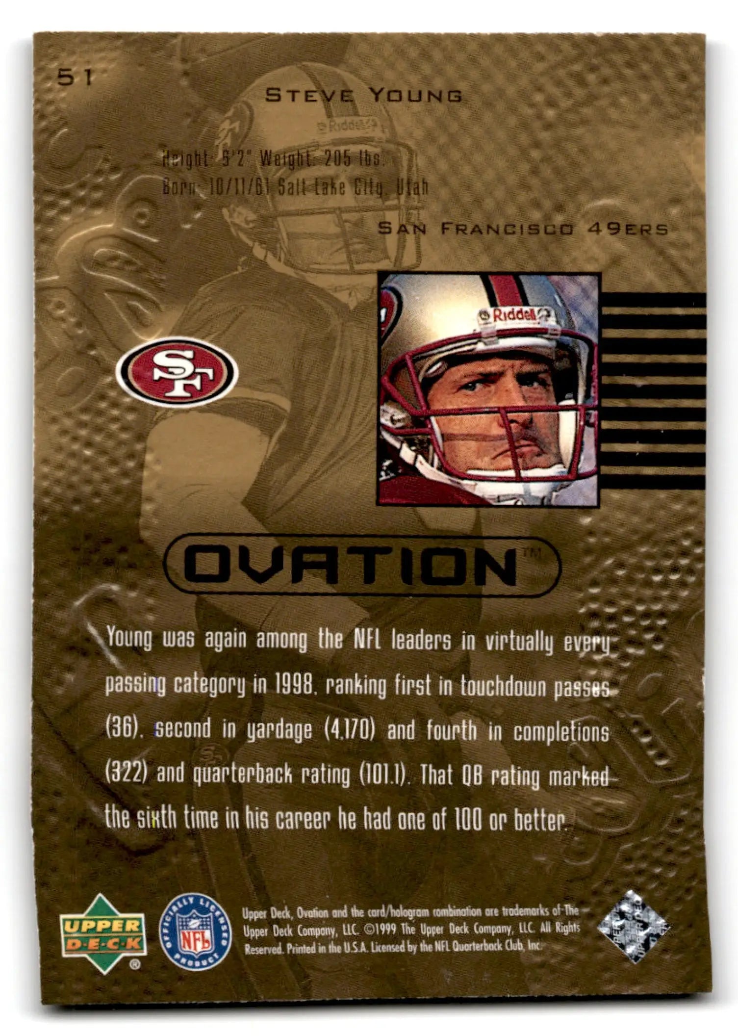 Back of a 1999 Upper Deck Football Ovation Steve Young card featuring San Francisco 49ers