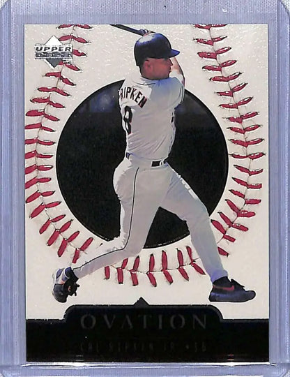 Baseball card of Cal Ripken Jr. in white uniform from Upper Deck Ovation design