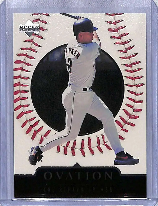 Baseball card of Cal Ripken Jr. in white uniform from Upper Deck Ovation design