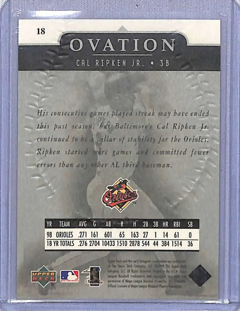 Baseball card featuring Cal Ripken Jr. and Baltimore Orioles logo from Upper Deck Ovation