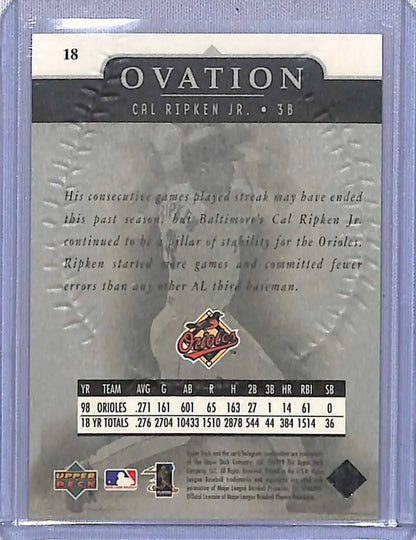 Baseball card featuring Cal Ripken Jr. and Baltimore Orioles logo from Upper Deck Ovation