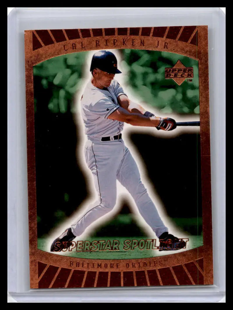 Cal Ripken Jr. Baltimore Orioles Baseball Card with copper border and player mid-swing