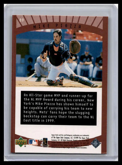 Baseball card of Mike Piazza crouching in dark gear from Upper Deck Ovation series