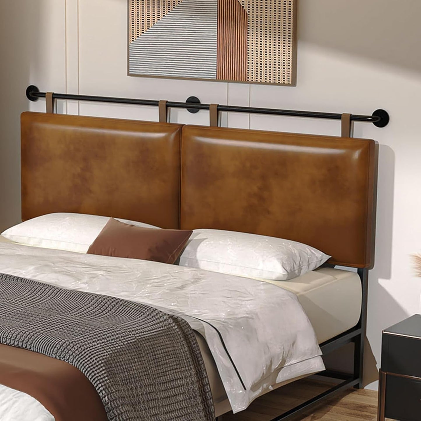 Brown King Size Wall Mounted PU Leather Headboard-0