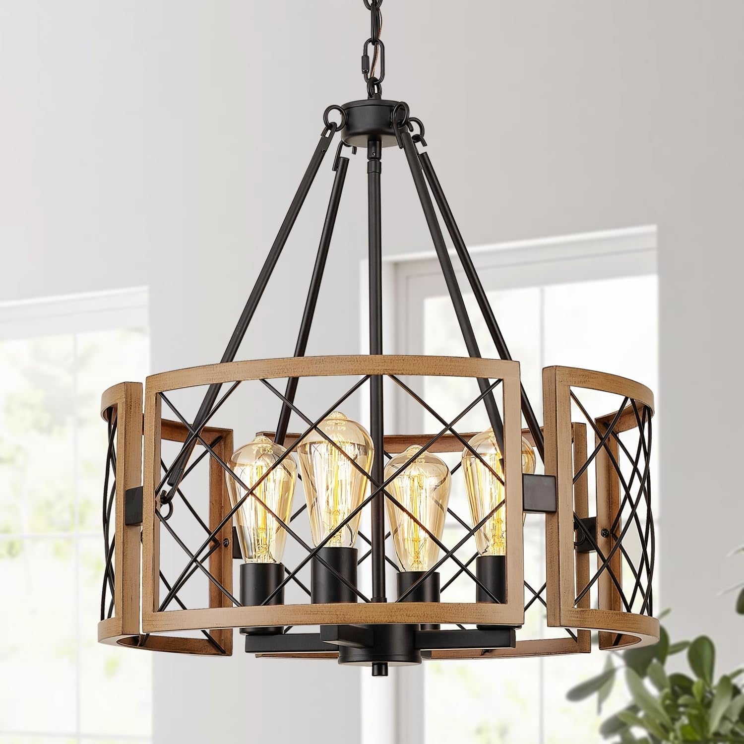 D19'' Farmhouse Chandelier for Dining Room, 4-Light Adjustable Kitchen Island Lighting, Vintage Hanging Pendant Light Fixtures for Entryway Foyer Bedroom Hallway, Black & Dark Oak-1