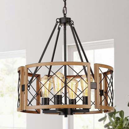 D19'' Farmhouse Chandelier for Dining Room, 4-Light Adjustable Kitchen Island Lighting, Vintage Hanging Pendant Light Fixtures for Entryway Foyer Bedroom Hallway, Black & Dark Oak-1