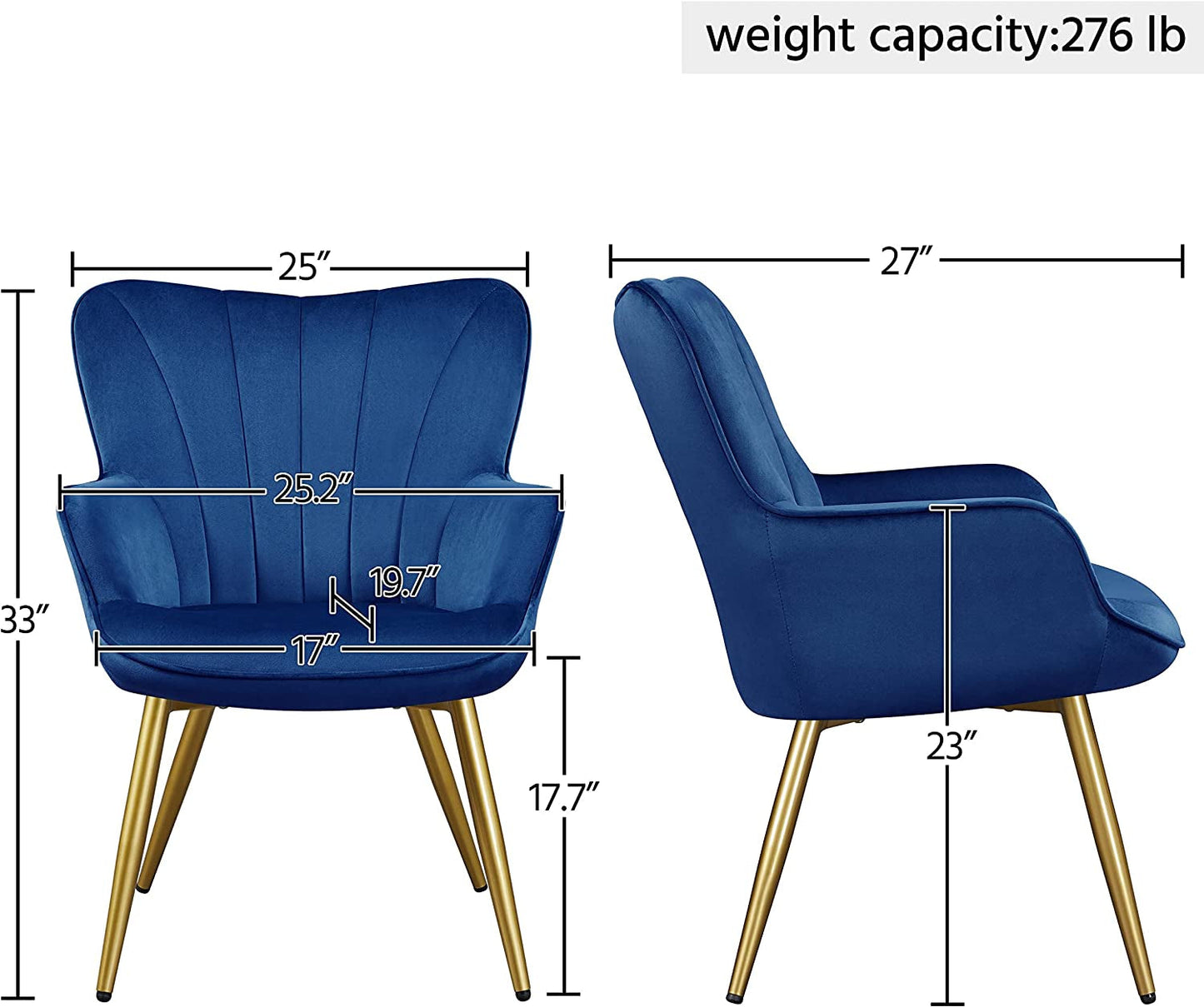 Modern Blue Velvet Wingback Chair with Metal Legs-3