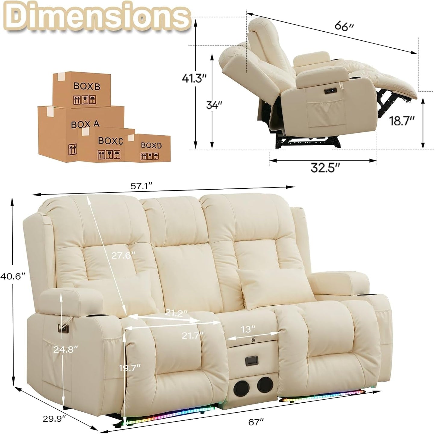 Power Loveseat Recliner Sofa with Massage & Heat Home Theater Seating with Console Electric Recliner RV Sofa with Usb/Outlet/Storage/Side Pocket/Led Light/Speaker (Cream White)-1