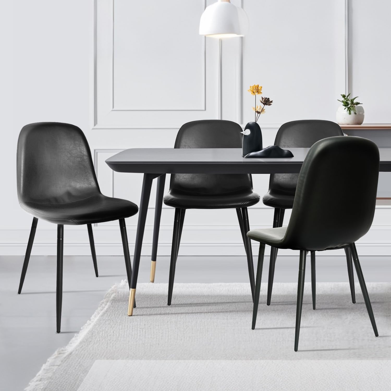 Black Dining Chairs, Modern Faux Leather Upholstered Kitchen Chairs Armless Accent Chairs with PU Leather Backrest & Metal Legs for Dining, Living & Meeting Room, Set of 4-1