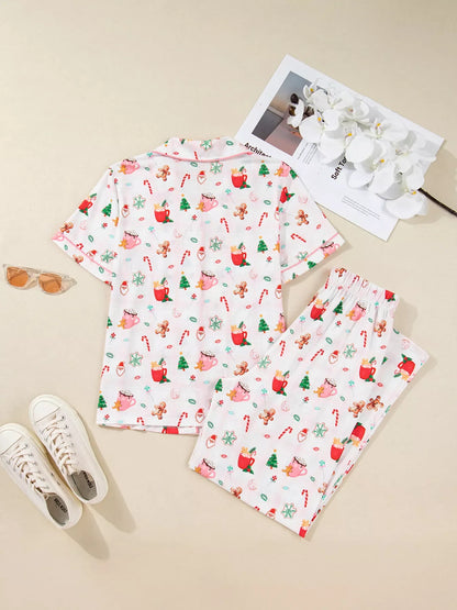 Christmas Spirit Cute Holiday Print Short Sleeve Shirt and Pants 2pcs Pajama Set