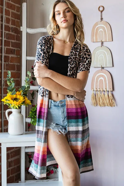 Heimish Full Size Animal Leopard and Stripe Open Cardigan Plus Size