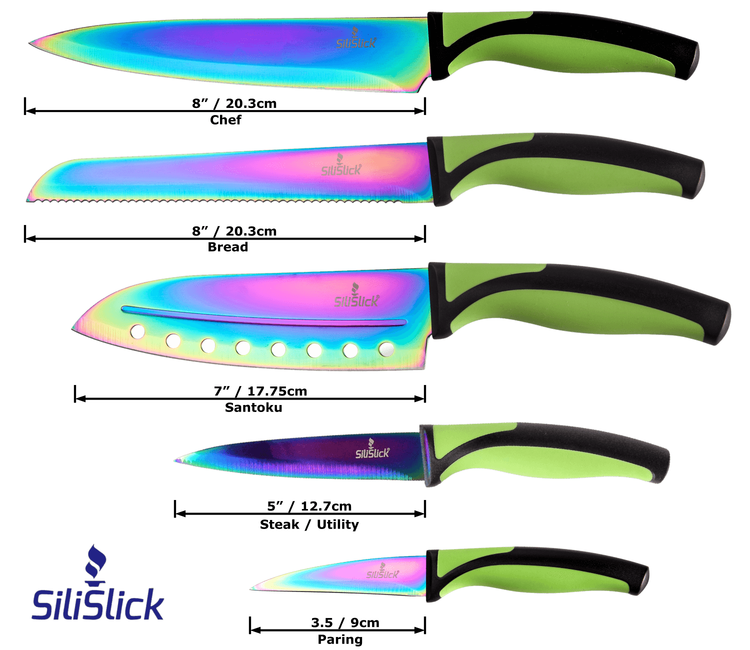 Kitchen Knife Set Kit | Green Handle & Black Magnetic Rack