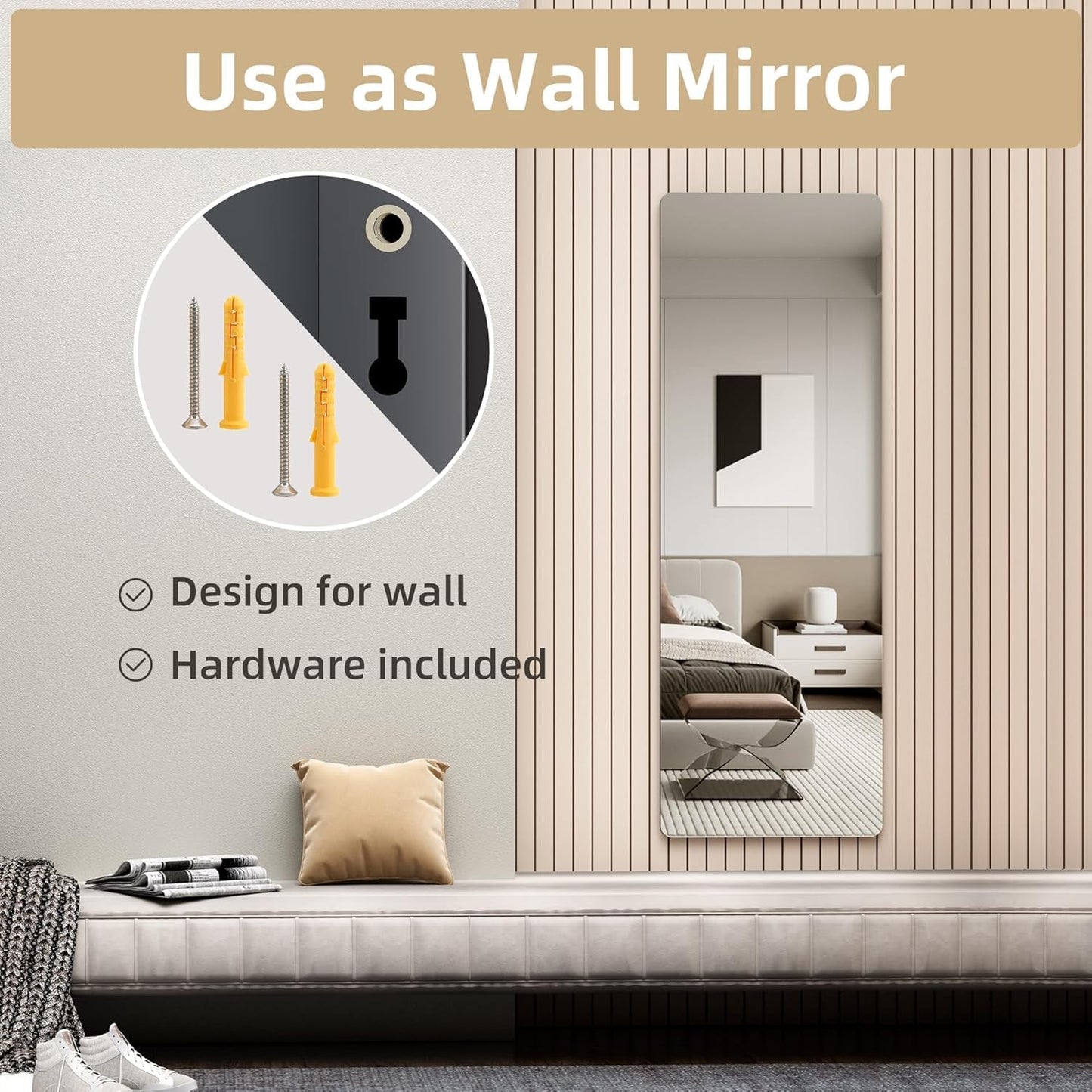 Door Mirror Full Length, 47"X 16" Full Body over the Door Hanging Wall Mounted Mirror for Bedroom, Living Room, Cloakroom, round Black-4