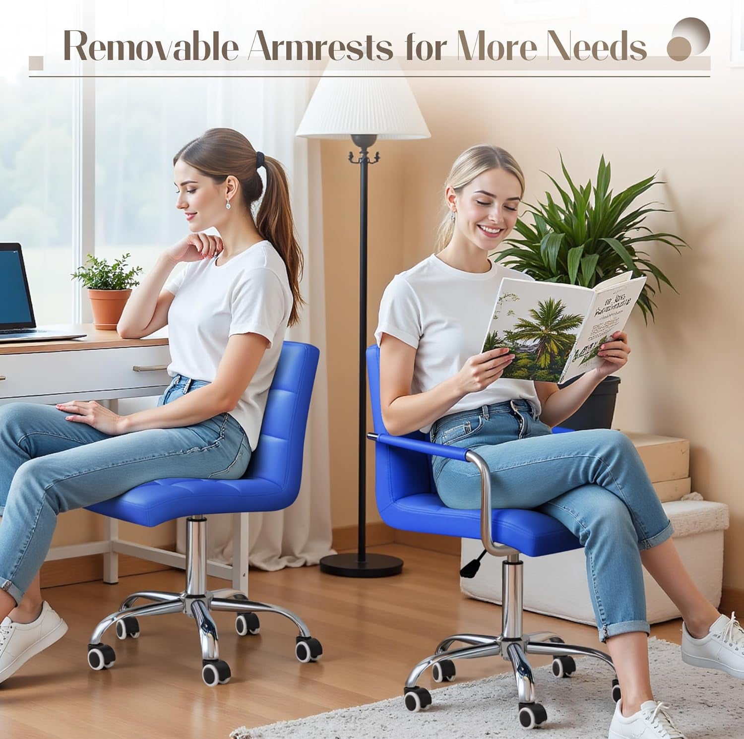 Mid-Back Office Task Chair Ribbed PU Leather Executive Chair Modern Adjustable Home Desk Chair Retro Comfortable Work Chair 360 Degree Swivel with Arms (Blue)-3