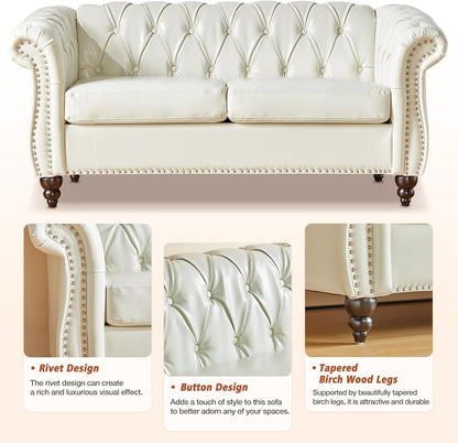 2 Piece Living Room Set, Chesterfield Faux Leather Sofa Couch Chair with Scroll Arms and Nailhead for Living Room, Office (White)-4