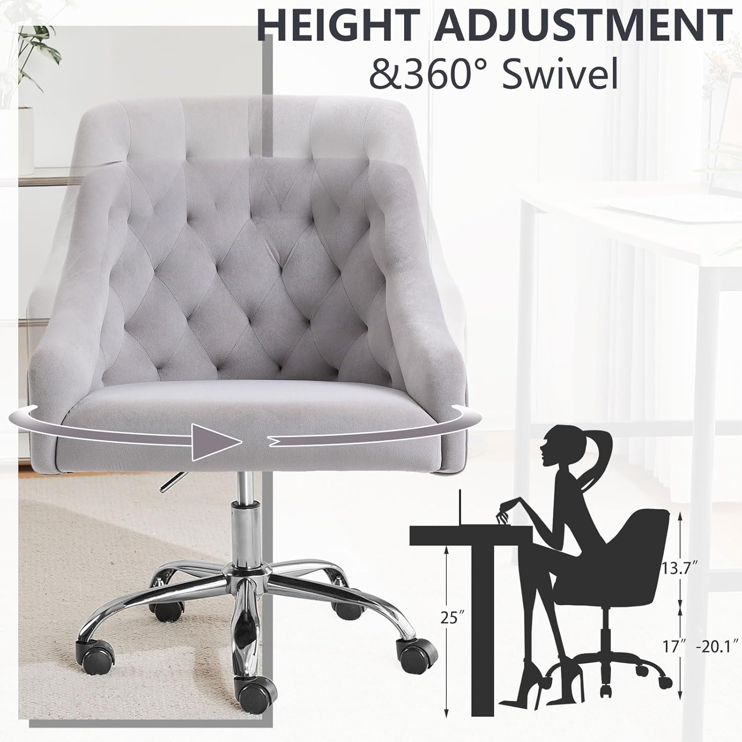 Velvet Office Swivel Chair, Vanity Chair, Fabric Desk Chair, Pretty Fancy Chair, Gold Office Chair for Girls, 360°Swivel Height Adjustable Reception Chair (Grey)-4