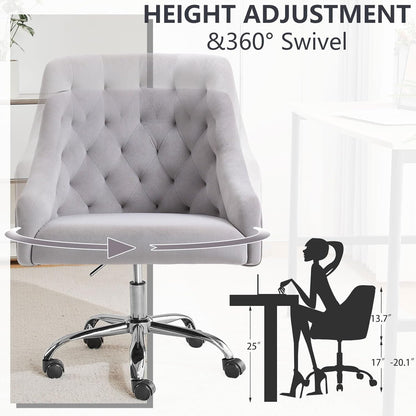 Velvet Office Swivel Chair, Vanity Chair, Fabric Desk Chair, Pretty Fancy Chair, Gold Office Chair for Girls, 360°Swivel Height Adjustable Reception Chair (Grey)-4