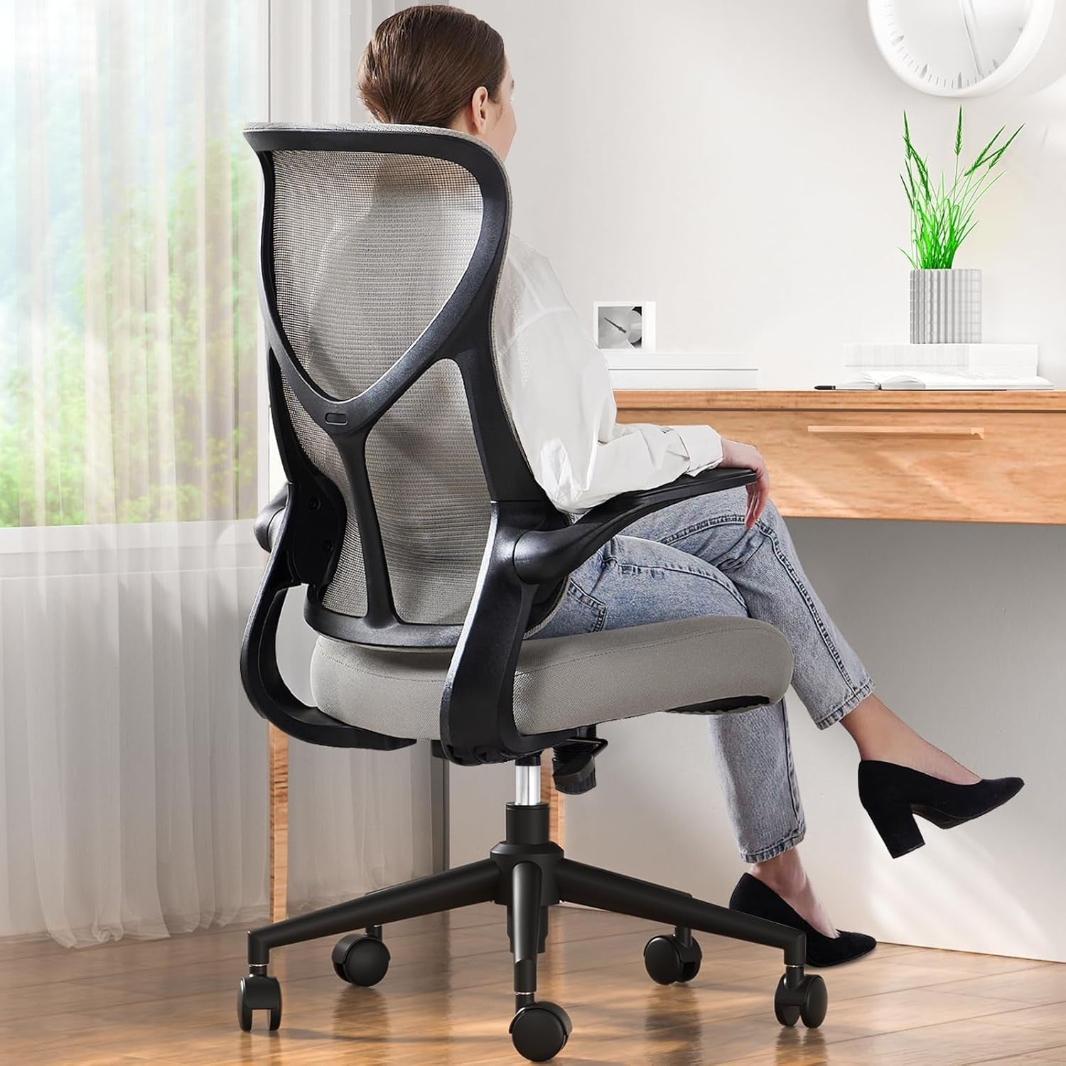 Ergonomic Office Desk Computer Chair, Comfy High Back Swivel Rolling Home Mesh Gaming Chairs with Wheels, Lumbar Support, Flip-Up Arms,120°Tilt for Bedroom, Study, Work, Grey-0